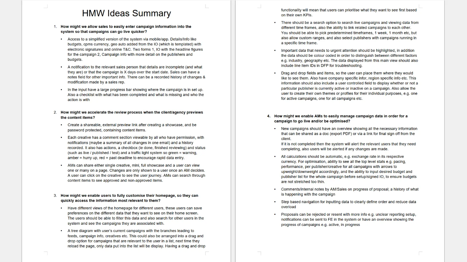 Summary of the HMW ideas used as a reference by engineering on what to development